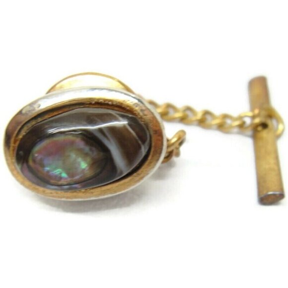 Vintage Cufflinks Round Gold Plated Abalone With Tie Tack And Tie Clip - Picture 14 of 14